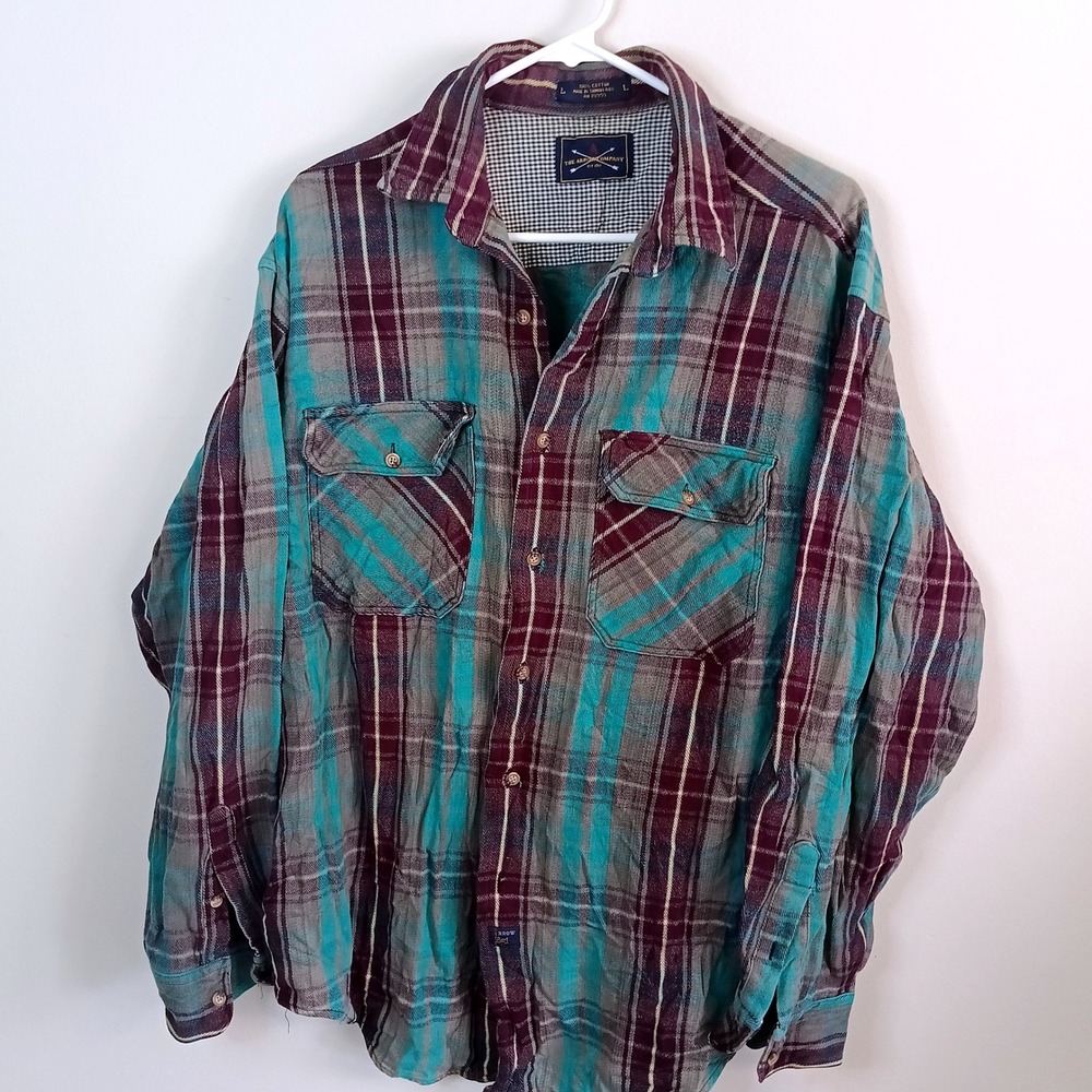 The Arrow Company Flannel Shirt Mens L Teal Burgundy Excellent Plaid Cotton 90s